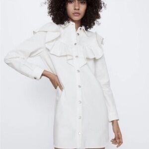 Zara white denim western ruffle collar mini button down dress size Large